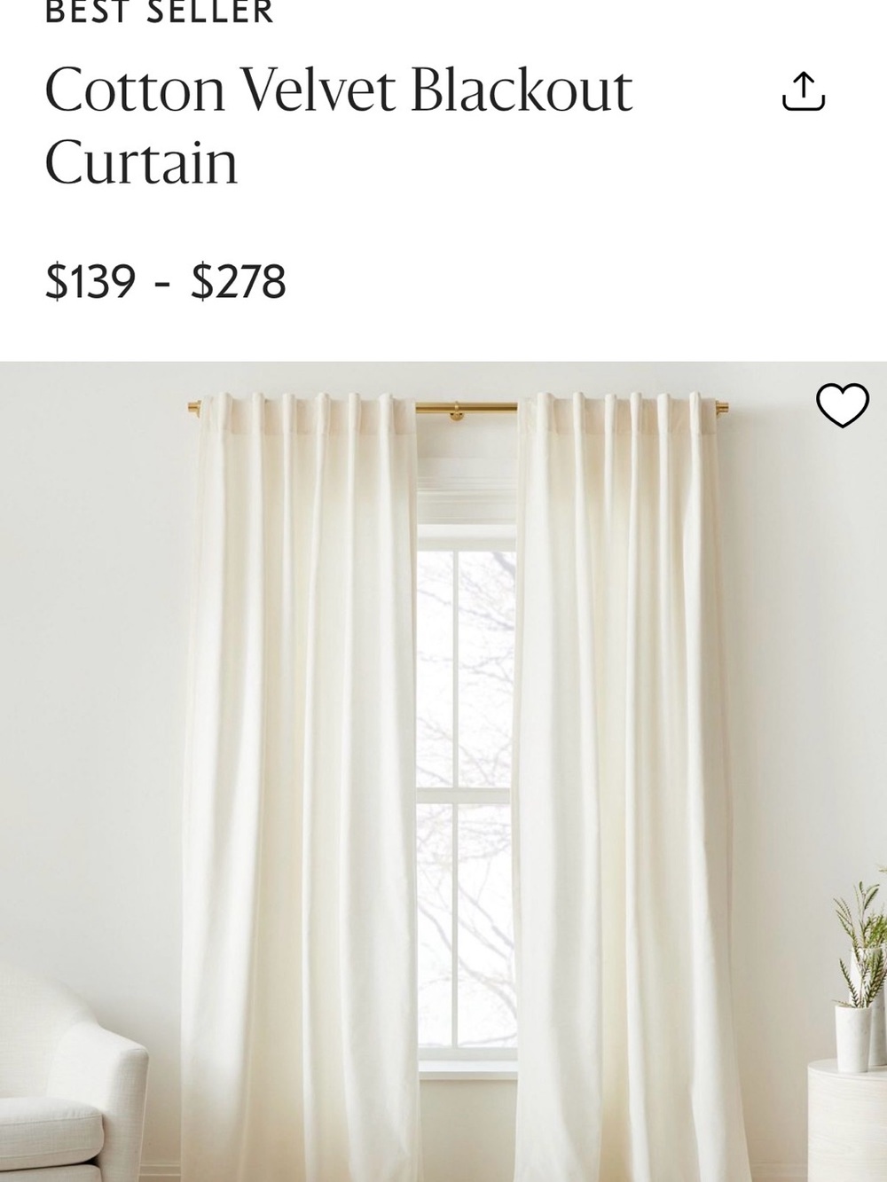 West Elm Cotton Velvet Blackout Curtain - Alabaster